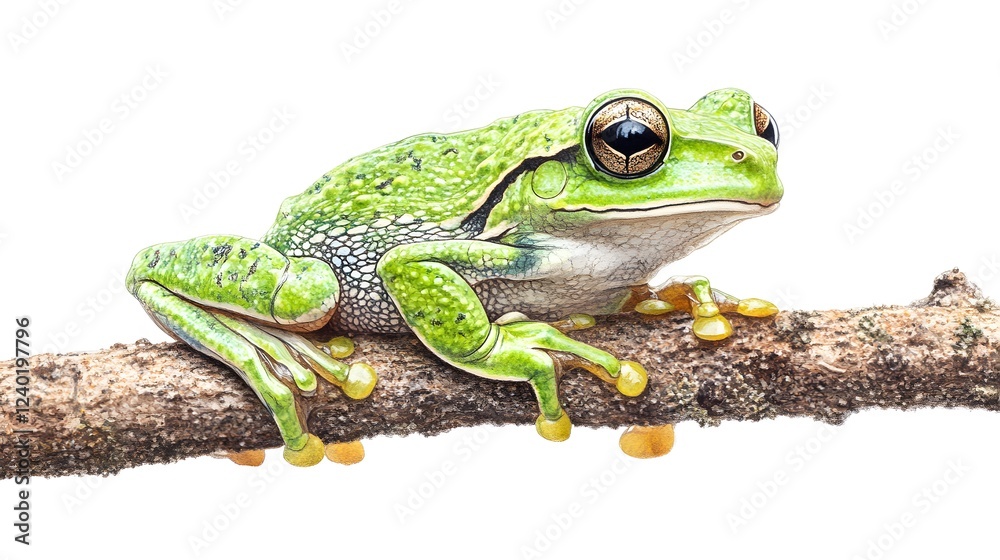 Obraz premium Green Tree Frog Perched on a Branch