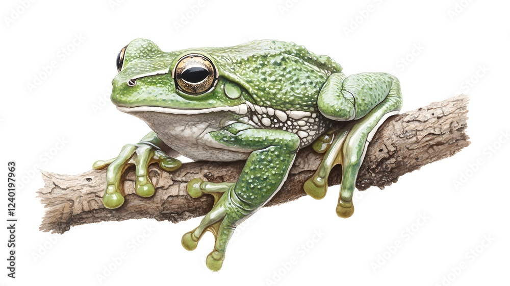 Naklejka premium Green Tree Frog Perched on a Branch