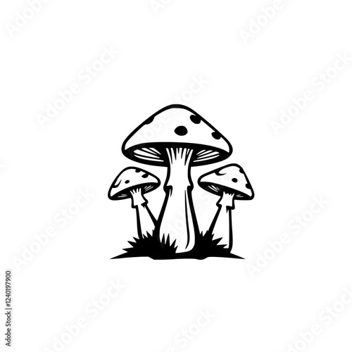 Three Mushrooms in the Forest: A Black and White Botanical Illustration