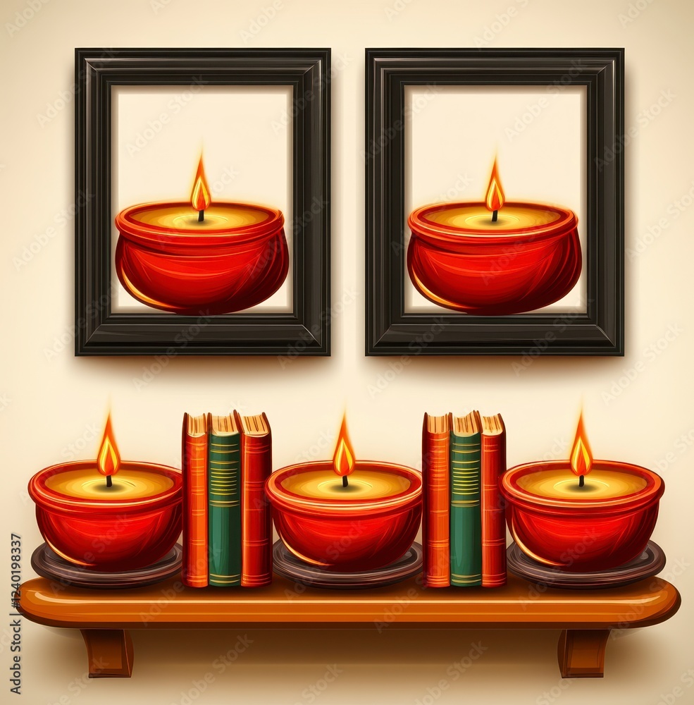 Red candles in rustic ceramic holders are displayed in black frames and on a wooden shelf with antique books. Warm, inviting, and homey atmosphere Red candles in rustic ceramic holders are displayed in black frames and on a wooden shelf with antique books. Warm, inviting, and homey atmosphere