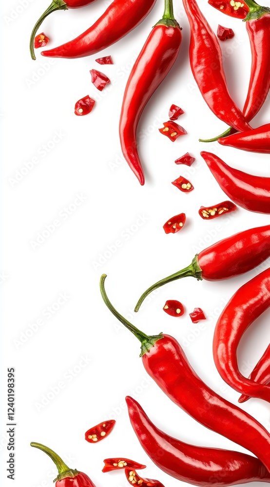 Vibrant red chili peppers scattered on a white background, creating a visually appealing and spicy composition. Close up view highlighting the glossy Vibrant red chili peppers scattered on a white background, creating a visually appealing and spicy composition. Close up view highlighting the glossy