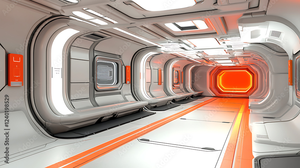 Obraz premium Futuristic spaceship corridor, orange light, white walls, science fiction background, for sci-fi film