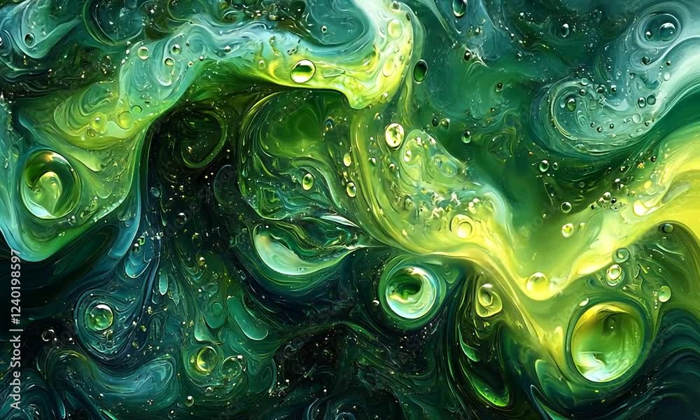 Abstract swirling patterns in vibrant green and blue hues with bubbles