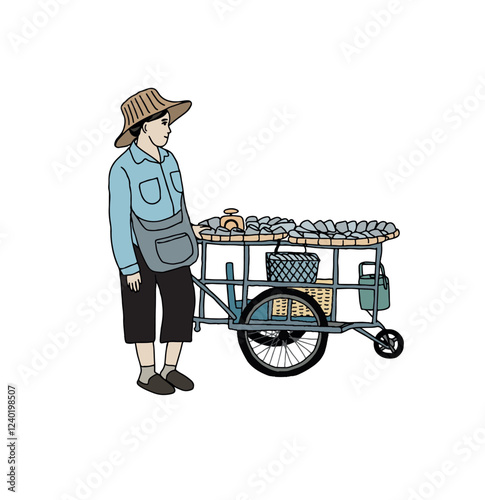 Woman selling dry fish at street, hand drawn vector illustration