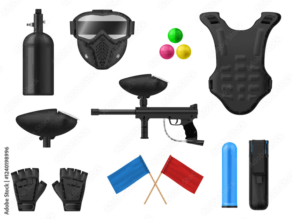 Obraz premium Paintball equipment military fighting shooting game playing set realistic vector illustration