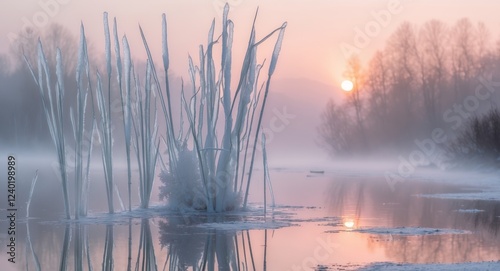 Frozen reeds reflecting stunning winter sunrise over misty river photo