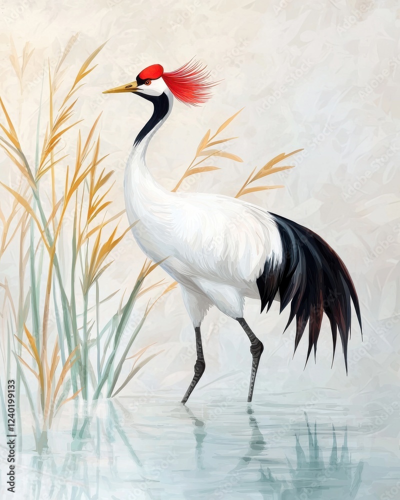 Obraz premium Graceful crane standing in water surrounded by reeds japanese ink painting tranquil nature scene