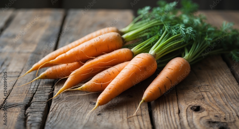 Fresh Carrots with green roots on a wooden table. Fresh Carrots with green roots on a wooden table.