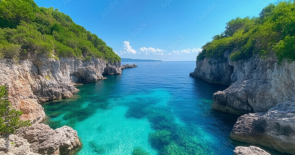 Obraz premium Pristine turquoise waters nestled between dramatic cliffs