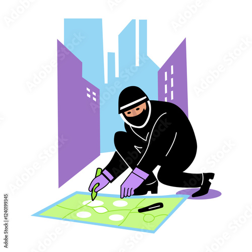A flat illustration of a character finding clue from crime scene 

