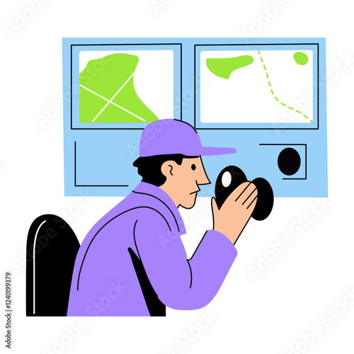 A flat illustration of a detective character tracking gps 

