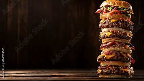 Giant burger stack on wood, dark background, food photography, menu