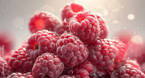 Fresh Juicy Raspberries Close Up Red Berry Fruit Group Summer Food. photo