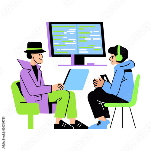 A flat illustration of detective meeting with tech genius
