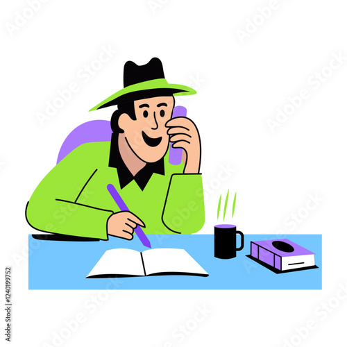 Detective talking on phone call, flat style illustration 
