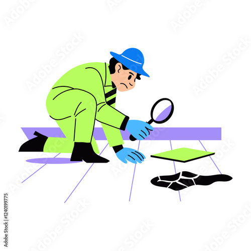 A flat illustration of detective examining crime scene 
