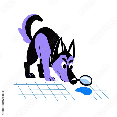 A flat illustration of detective dog sniffing criminal smell 
