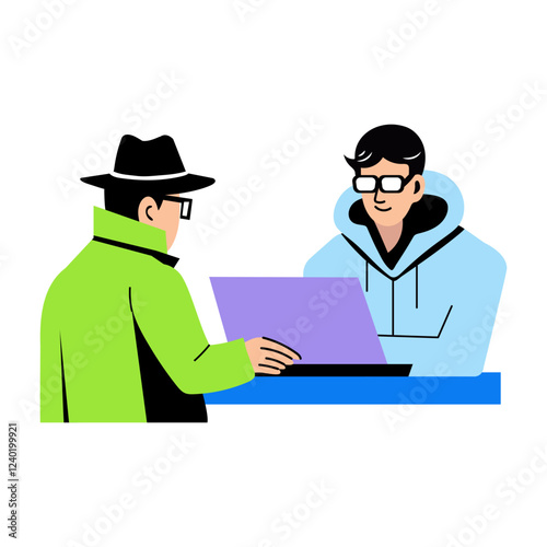 A flat illustration of detective meet with tech expert 

