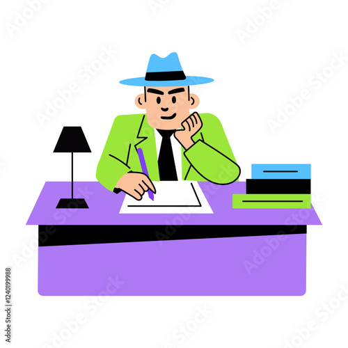A flat illustration of detective decoding a secret message 
