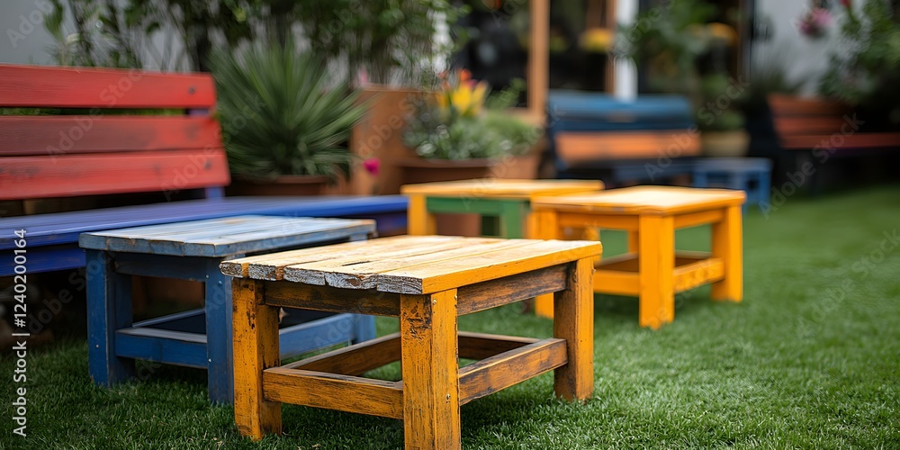 Obraz premium Colorful Wooden Benches and Tables in a Garden Setting