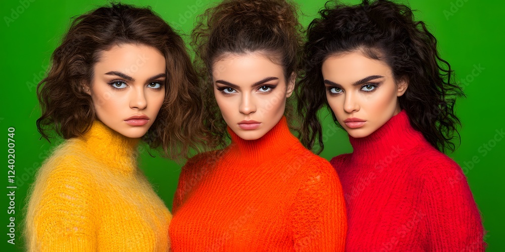 Obraz premium Three Beautiful Women Posing in Colorful Knit Sweaters