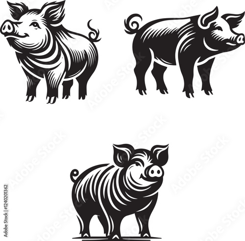 Vector Pig Silhouettes - Set of Three Stylized Pig Illustrations