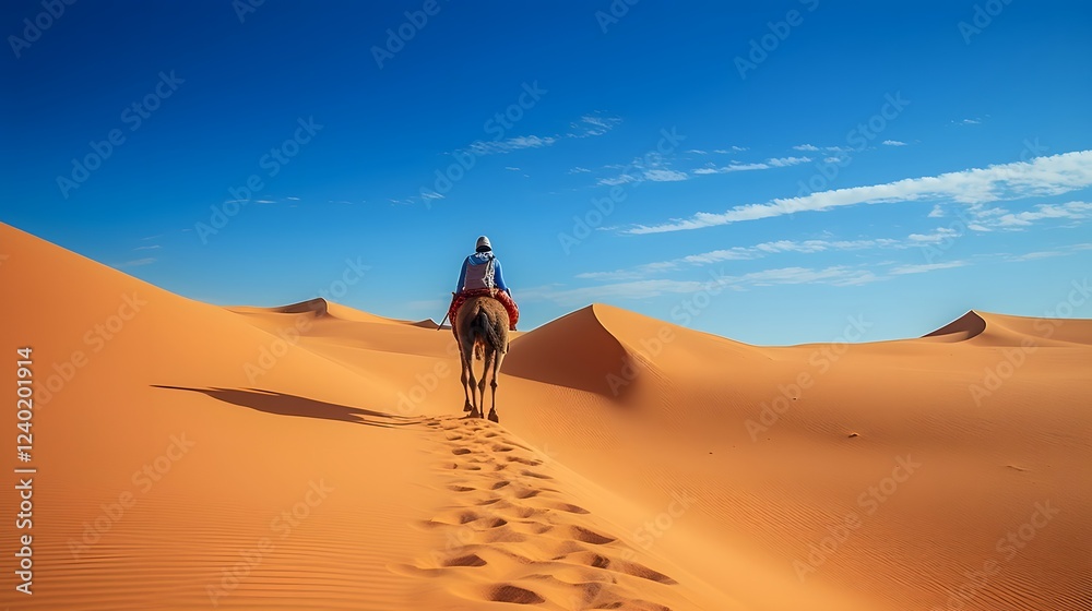 Desert Traveler on Camel Caravan Exploring Vast Sand Dunes Landscape in Dramatic Arid Environment Nomadic Journey and Adventure Through Serene Tranquil Desert Panorama Desert Traveler on Camel Caravan Exploring Vast Sand Dunes Landscape in Dramatic Arid Environment Nomadic Journey and Adventure Through Serene Tranquil Desert Panorama