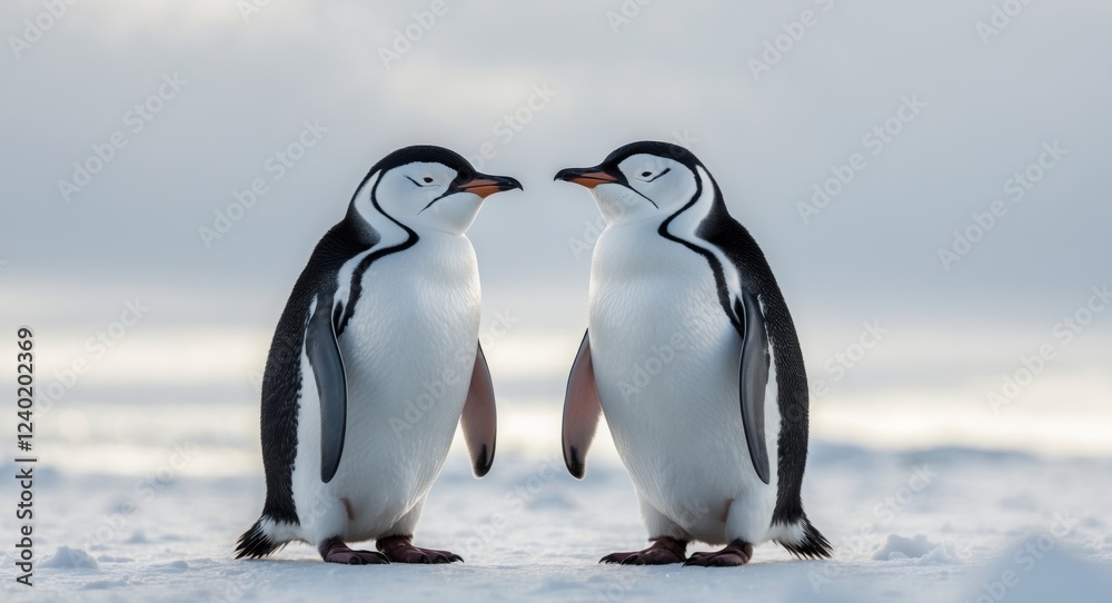 Obraz premium Two Chinstrap Penguins Standing in Snowy Habitat