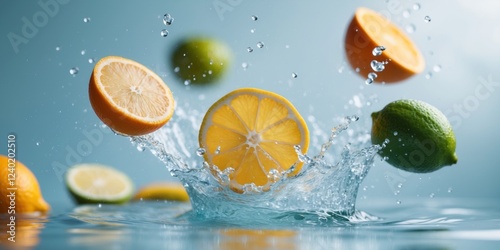 Refreshing Citrus Fruits Splashing in Water on a Cool Background