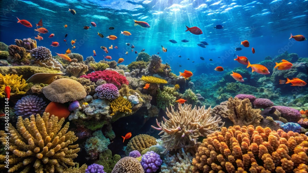 Naklejka premium Vibrant Underwater Scene with Colorful Coral Reefs and Fish