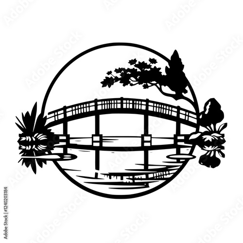 Japanese Garden Bridge: A Serene Black and White Illustration.  Peaceful nature scene, minimalist design, perfect for home decor or meditation space.