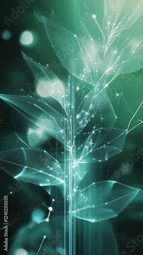 Glowing fiber optic strands in futuristic abstract green digital landscape