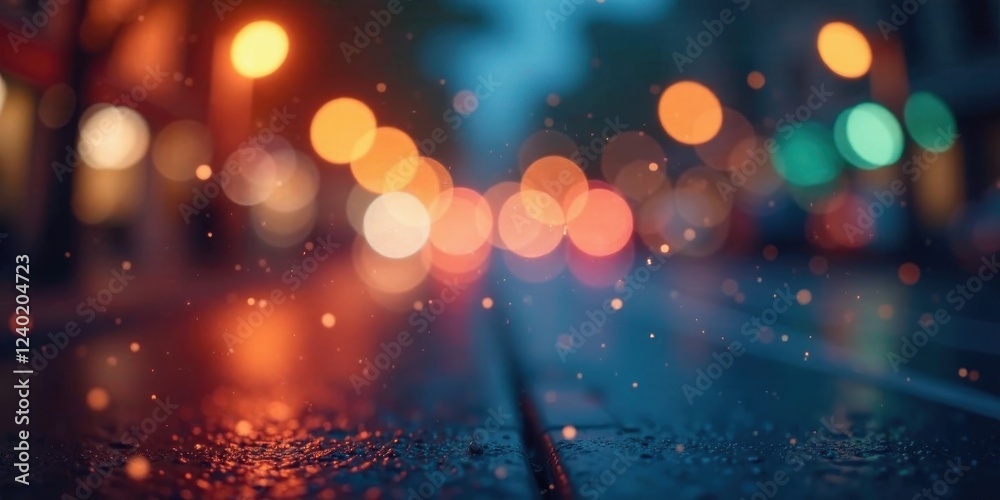 Obraz premium Nocturnal Urban Scene Rain-Kissed Surface Reflecting Blurred City Lights and Sparkling Particles