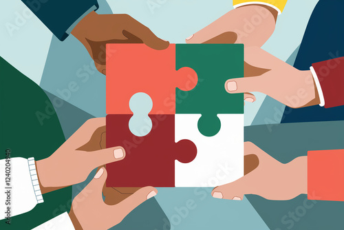 Diverse hands connecting colorful puzzle pieces, symbolizing teamwork and problem-solving. Highlights skin tone diversity and collaboration against a softly blurred neutral background