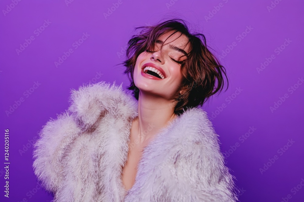 Stunning barefooted woman in trendy fur coat dancing and laughing on photoshoot. Indoor photo of lovely girl with short hairstyle fooling around on purple background Stunning barefooted woman in trendy fur coat dancing and laughing on photoshoot. Indoor photo of lovely girl with short hairstyle fooling around on purple background