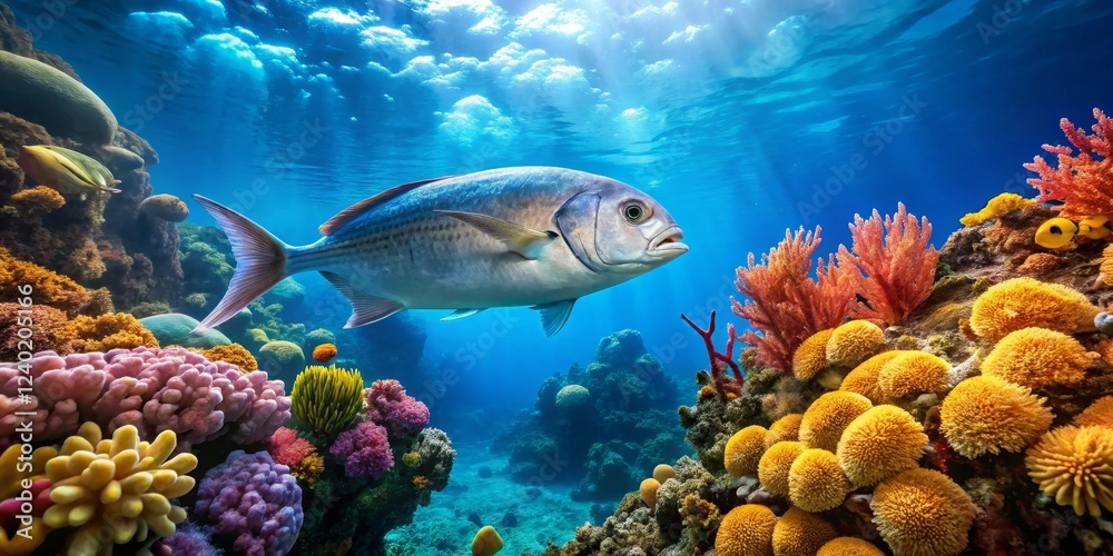 Fototapeta premium Vibrant Underwater Scene with Colorful Corals and a Fish