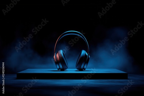 Headphones on stage with dramatic lighting smoke effects