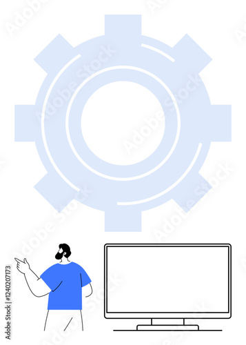 Man gesturing towards a large gear icon behind a blank monitor screen. Ideal for technology, engineering, presentations, tutorials, software development, automation, teamwork. Line metaphor
