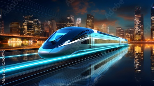 A sleek streamlined high speed train zooming through a futuristic technologically advanced cityscape filled with towering skyscrapers and modern architectural wonders photo