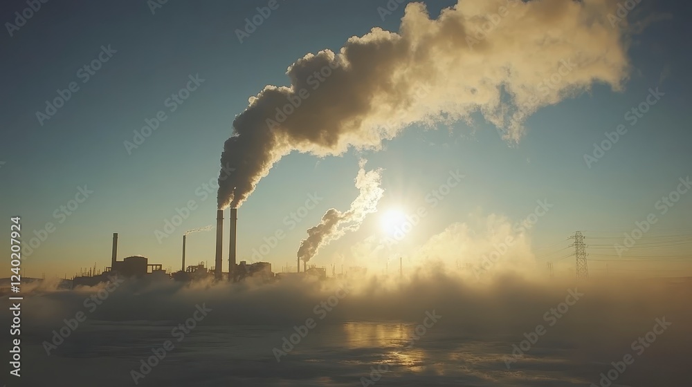 Industrial plant at sunrise, emitting thick smoke and steam into a cold, foggy atmosphere. The sun is partially obscured by the plumes, creating a