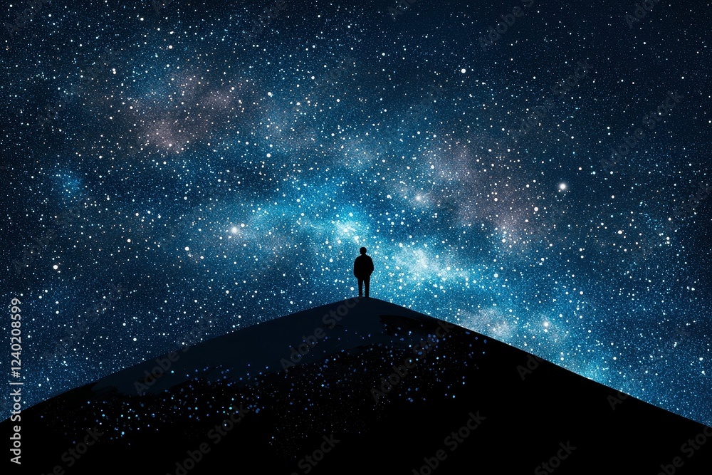 Traveler Looking at the Milky Way from a Desert Dune A lone explorer stands atop a massive sand dune, gazing up at the vast night sky filled with the Milky Way’s glowing bands. The silhouette of the Traveler Looking at the Milky Way from a Desert Dune A lone explorer stands atop a massive sand dune, gazing up at the vast night sky filled with the Milky Way’s glowing bands. The silhouette of the