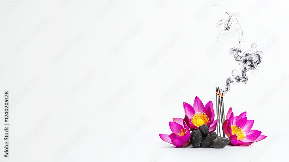 A serene arrangement of pink lotus flowers surrounding incense sticks, with delicate smoke wafting upwards against a clean, white background, evoking peace and tranquility. A serene arrangement of pink lotus flowers surrounding incense sticks, with delicate smoke wafting upwards against a clean, white background, evoking peace and tranquility.