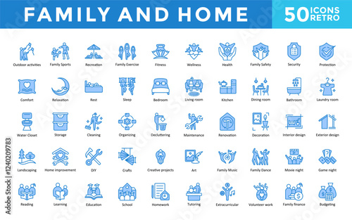 Family and Home icons set with outdoor activities, family sports, recreation, family exercise, fitness, wellness, health, family safety, security, protection icon. Simple retro vector 
