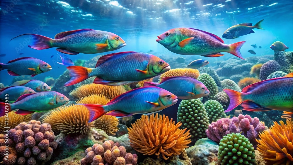 Naklejka premium Colorful Tropical Fish Swimming Over Vibrant Coral Reef Scene