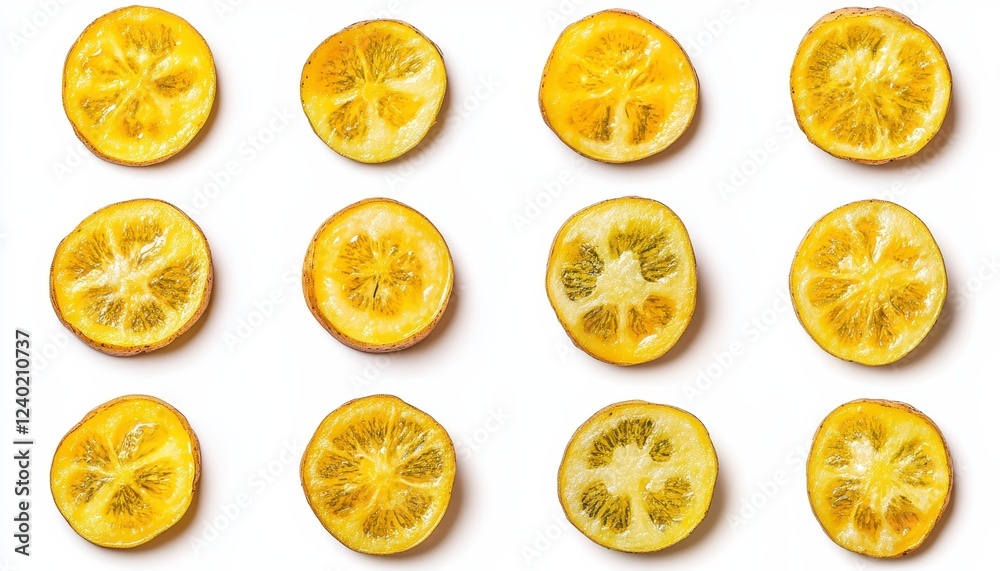 Twelve slices of yellow fruit arranged in a grid pattern on a white background. Each slice shows seeds and pulp. Bright, overhead lighting
