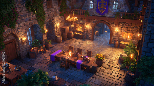 Medieval castle great hall interior, dinner setting, plants, warm lighting