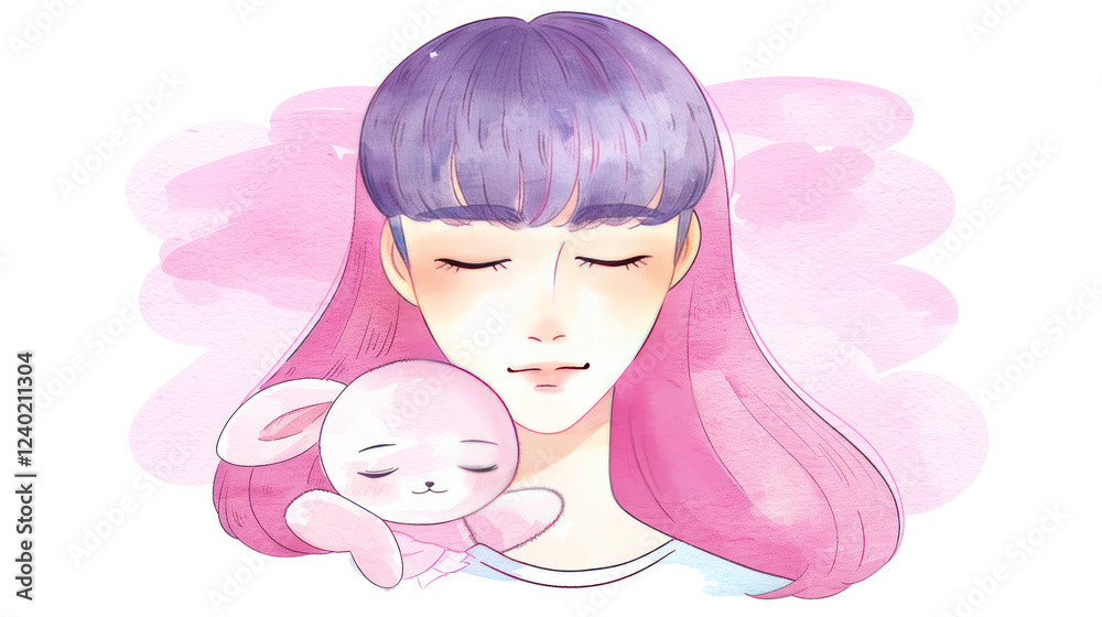 Serene Girl with Pink Hair and Stuffed Bunny Companion in Dreamy Watercolor Style Serene Girl with Pink Hair and Stuffed Bunny Companion in Dreamy Watercolor Style