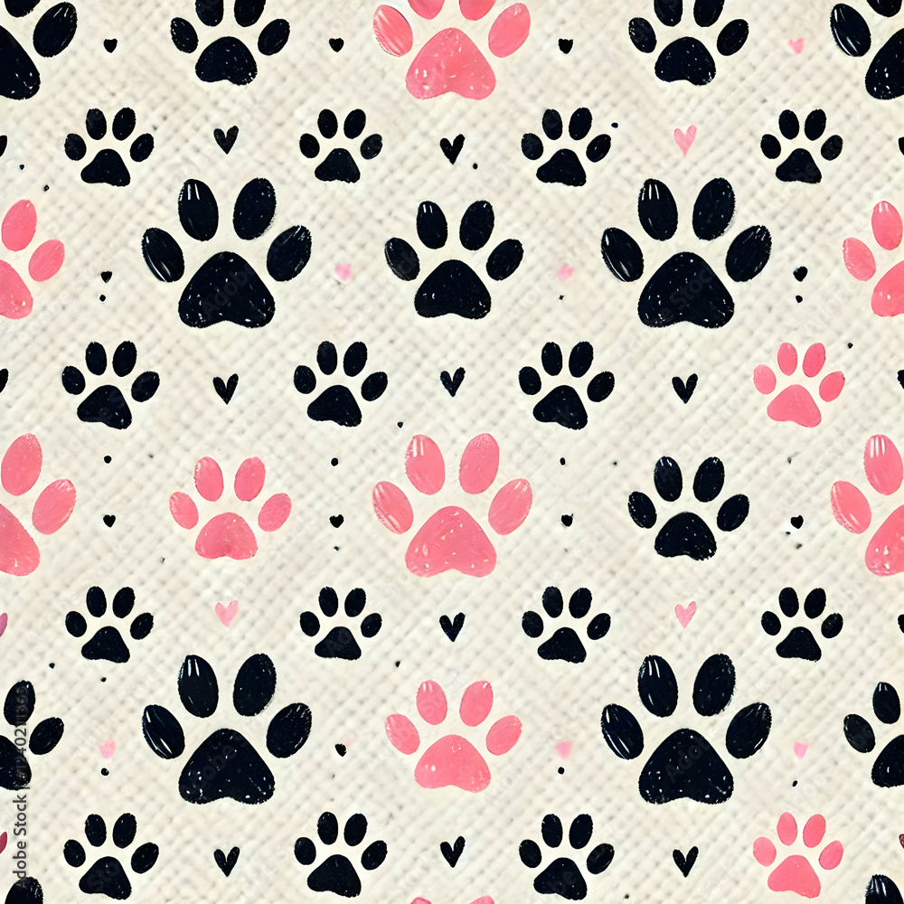 Fototapeta premium Cute Cat Paw Print Fabric Pattern in Pink and Black Tones