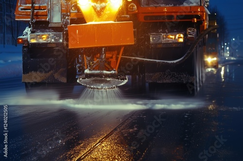 Snow removal truck spraying antifreeze liquid on a frozen road at night, enhancing safety for drivers while efficiently battling icy winter conditions in an urban environment
