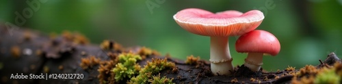 Pink oyster mushroom pleurotus djamor growing in decaying wood, bark, mushroom photo